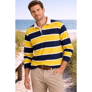 Vintage 90s Lands’ End Rugby Polo Shirt 3XLT Yellow Navy Stripe Preppy Dadcore